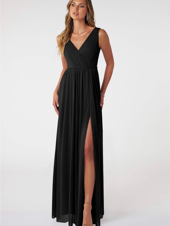 Azazie Dresses & Skirts - Azazie Tanicia Black V-Neck Slit Evening Gown